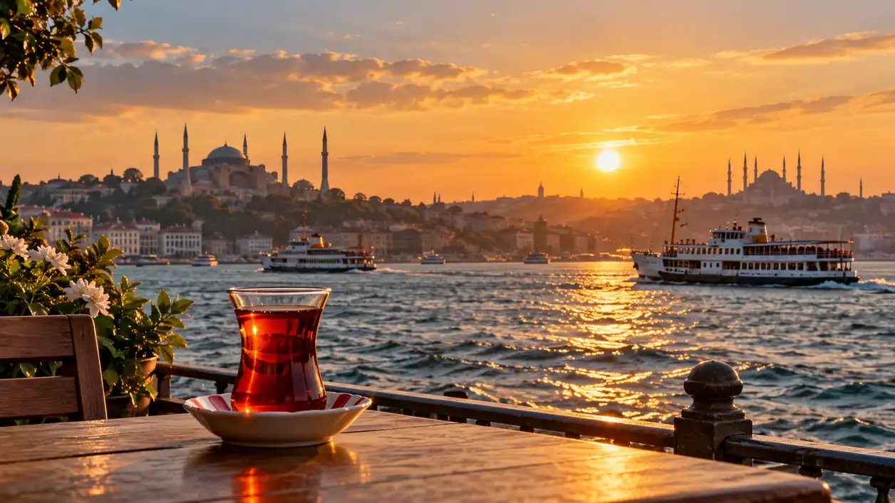 Vista ilustrativa do Bósforo em Istambul ao entardecer, com um copo de chá turco em primeiro plano; imagem gerada por IA.