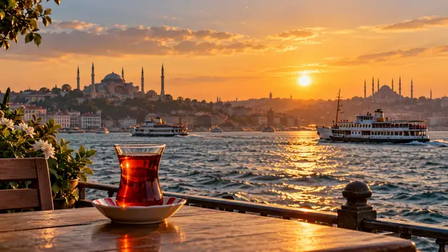 Vista ilustrativa do Bósforo em Istambul ao entardecer, com um copo de chá turco em primeiro plano; imagem gerada por IA.