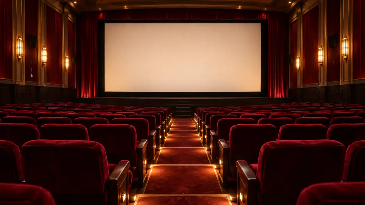 Sala de cinema vazia com poltronas vermelhas e tela iluminada; imagem ilustrativa gerada por IA.