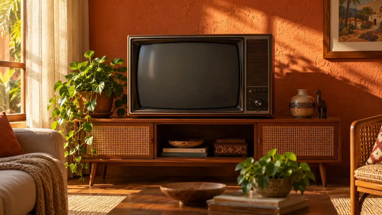 Televisor antigo em uma sala iluminada com plantas e móveis de madeira; imagem ilustrativa gerada por IA.